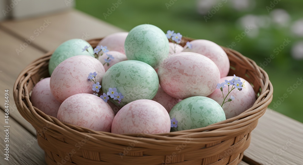 Fototapeta premium Pastel Easter Eggs in a Wicker Basket Springtime Decoration Ideas