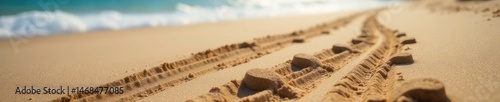 Close-up tire treads in beach sand, blurry background , shore, tire tread, wave