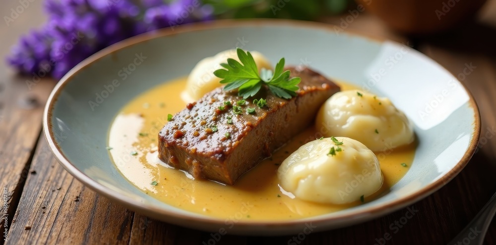 Creamy svickova sauce, beef, dumplings, lavender plate, cuisine, food, lavender Creamy svickova sauce, beef, dumplings, lavender plate, cuisine, food, lavender