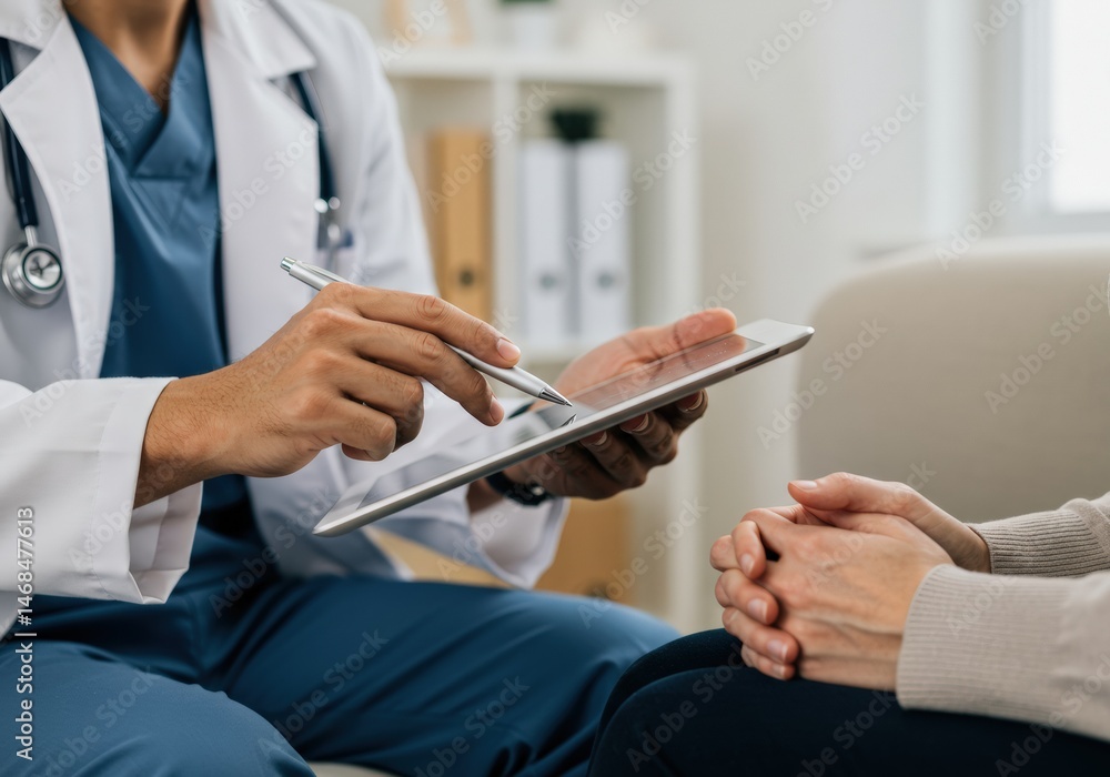 Fototapeta premium A healthcare professional shows a patient their medical data on a digital tablet in consultation.
