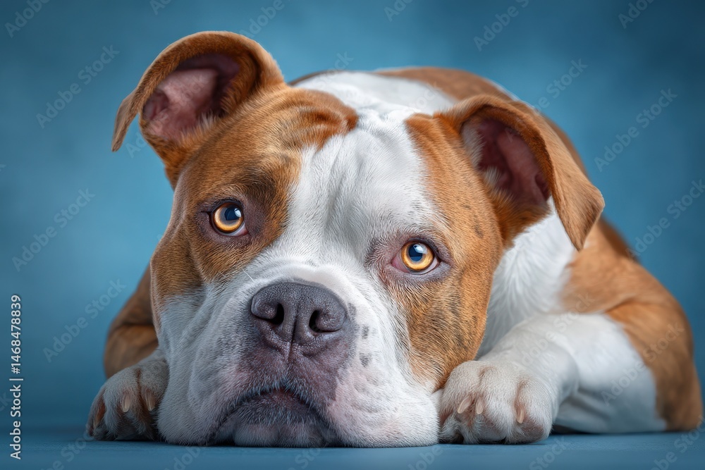 A brown and white dog lies flat on a surface, gazing intently with big round eyes. The soft blue backdrop enhances the dogs features, showcasing its calm demeanor and playful spirit. A brown and white dog lies flat on a surface, gazing intently with big round eyes. The soft blue backdrop enhances the dogs features, showcasing its calm demeanor and playful spirit.