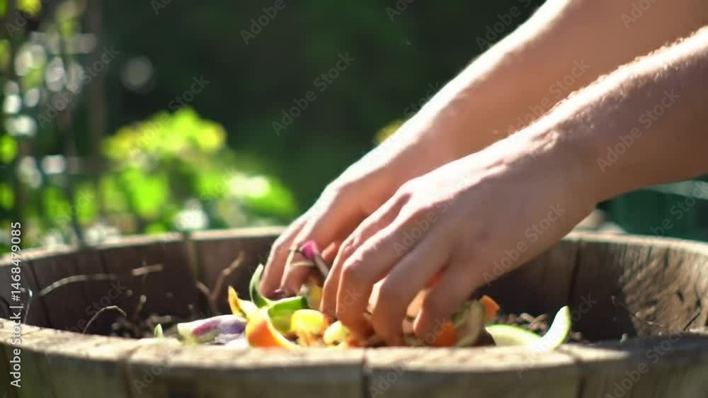 Person adding organic food scraps to compost bin outdoors