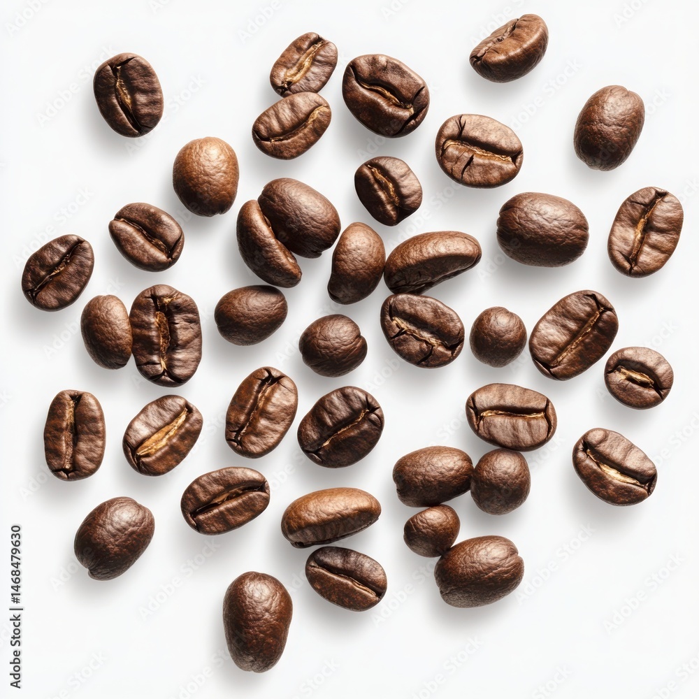 Scattered coffee beans close up shot on a white background Scattered coffee beans close up shot on a white background
