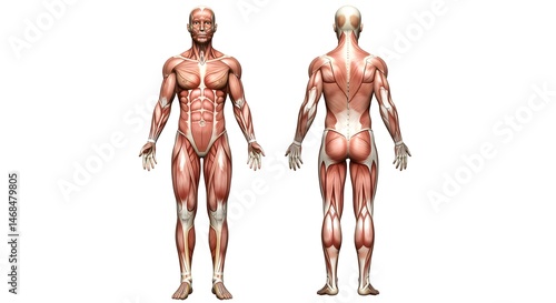 Detailed Anatomical Illustration of Human Male and Female Muscles in Front and Back View