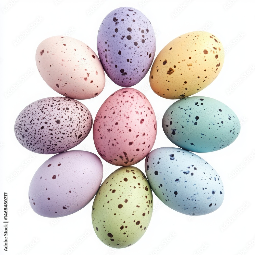 Colorful speckled eggs arranged on a white background Colorful speckled eggs arranged on a white background