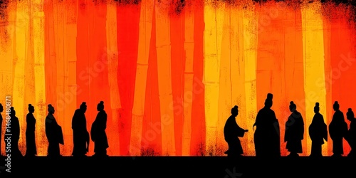 Sustainable Business Concept. Silhouettes of people interacting in a vibrant bamboo forest setting with rich orange and yellow hues, capturing cultural significance and artistic vision.