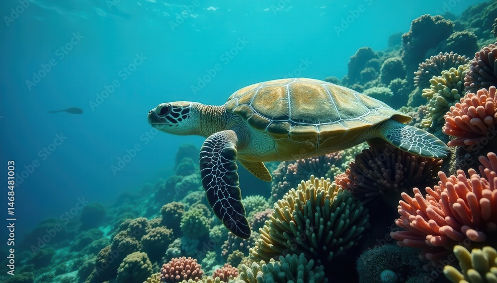 Naklejka premium Green sea turtle glides over vibrant Malaysian coral reef , Green sea turtle, snorkeling, turtle