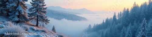 Hoarfrost clings to ancient pines, misty valley below , rural, evergreen, hoarfrost