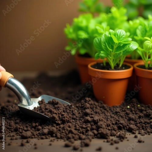 Hand trowel, potting soil, vibrant herbs in terracotta pots, plant care, growth, gardening
