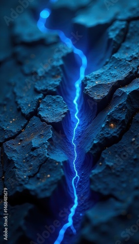 Jagged dark rock, vibrant blue lightning cracks , fantasy, fiery, sparkle