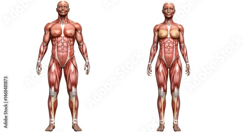 Detailed Anatomical Illustration of Male and Female Human Figures Showcasing Musculature and Structure