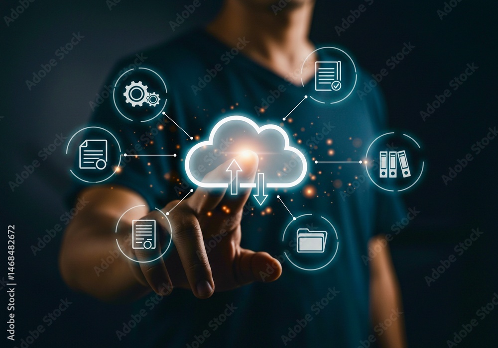 A person interacts with a digital cloud icon, connected to various data and processing symbols (files, folders, server, settings), illustrating cloud computing concepts.
A person interacts with a digital cloud icon, connected to various data and processing symbols (files, folders, server, settings), illustrating cloud computing concepts.