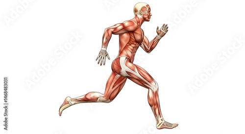 Anatomically Detailed Human Figure Running in a Dynamic Motion Illustrating Muscle Action