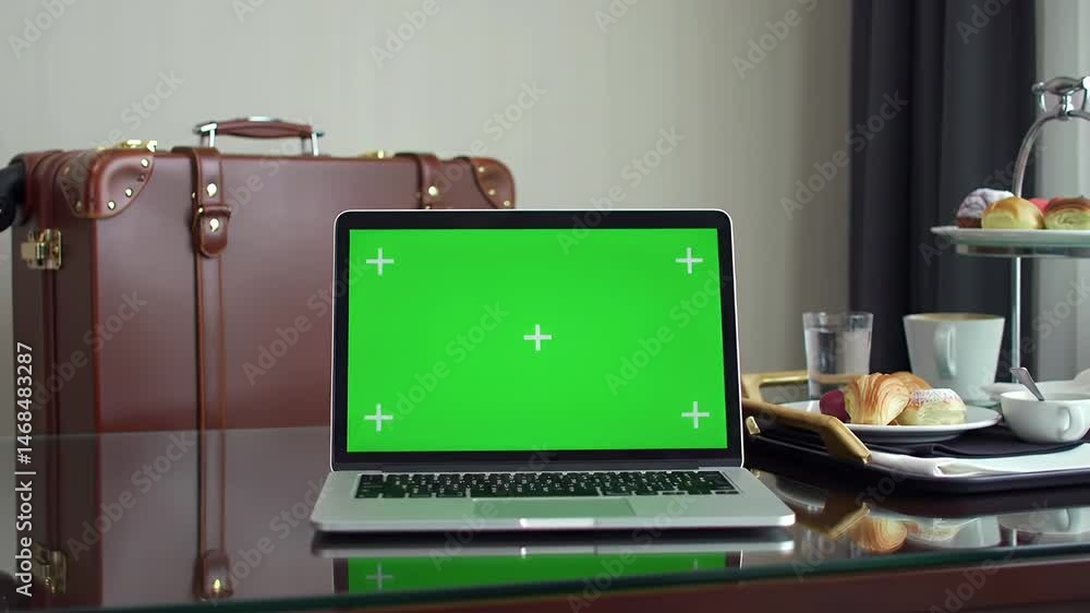 Laptop with Green Screen with Play Button Laptop with Green Screen with Play Button