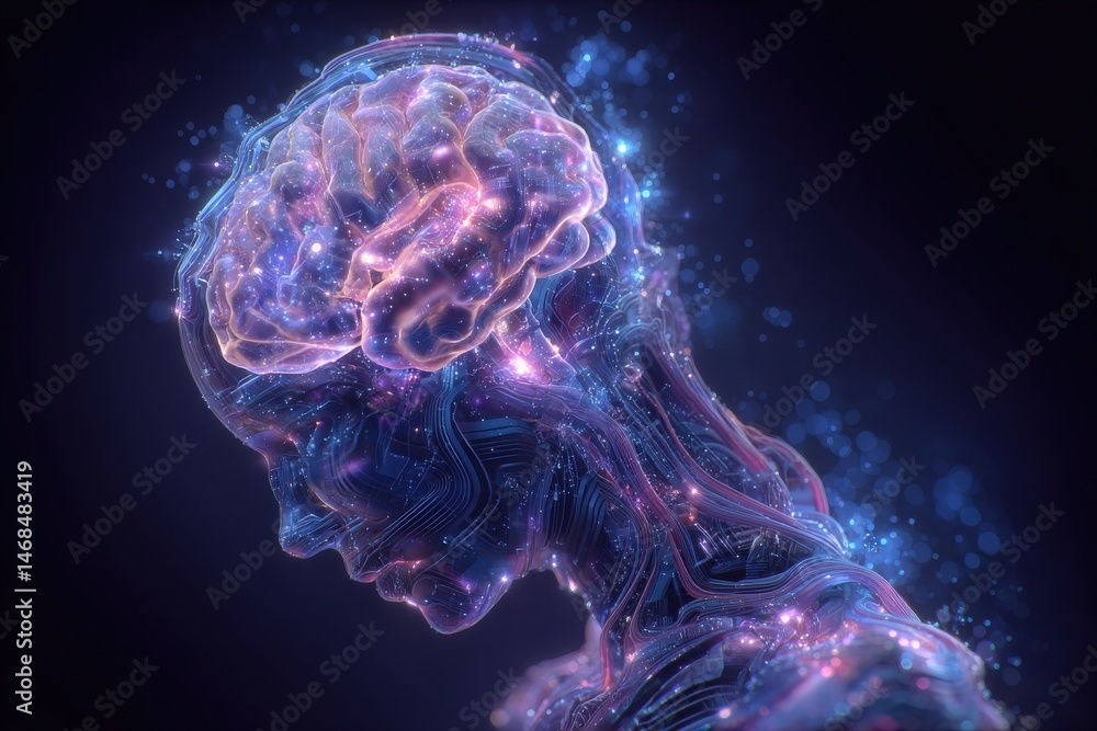 A surreal depiction of a brain emerging from a human silhouette, illuminated by vibrant colors and cosmic elements. A surreal depiction of a brain emerging from a human silhouette, illuminated by vibrant colors and cosmic elements.