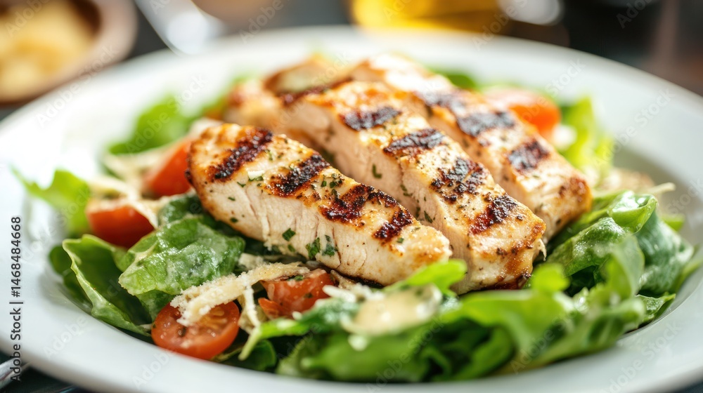 Grilled chicken breast salad with fresh greens, cherry tomatoes, and parmesan shavings Grilled chicken breast salad with fresh greens, cherry tomatoes, and parmesan shavings