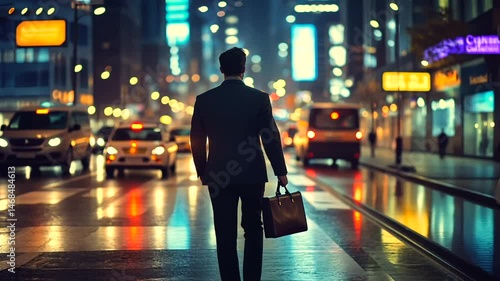 Man in suit with briefcase crosses wet city street at night. Bright lights, blurred traffic, and reflections create an urban atmosphere