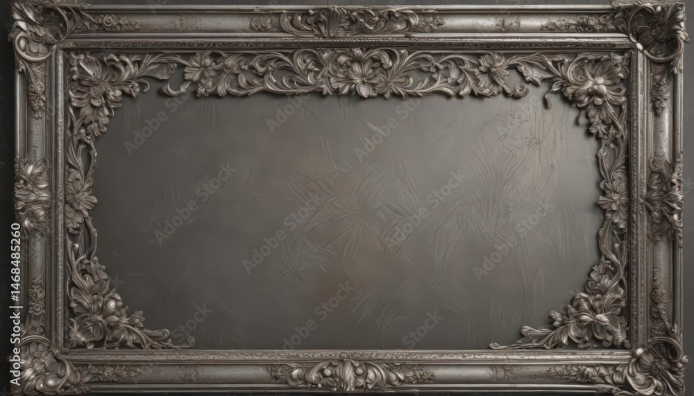 Obraz premium Silver ornate frame with embossed floral motif, aged patina , embossed frame, border, floral frame
