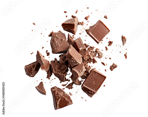 Delicious chocolate pieces scattered transparency