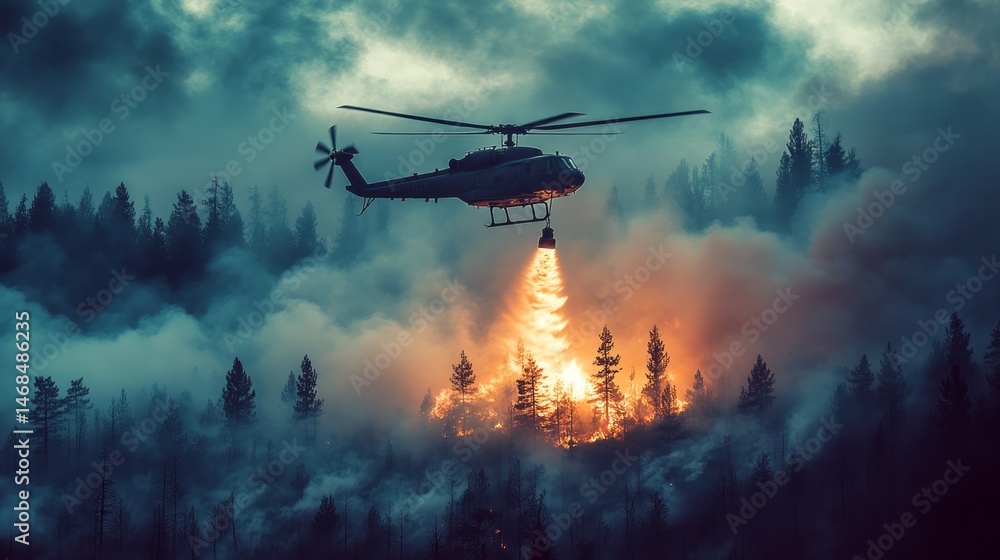 Fototapeta premium Forest fire helicopter extinguishing flames in dense trees.