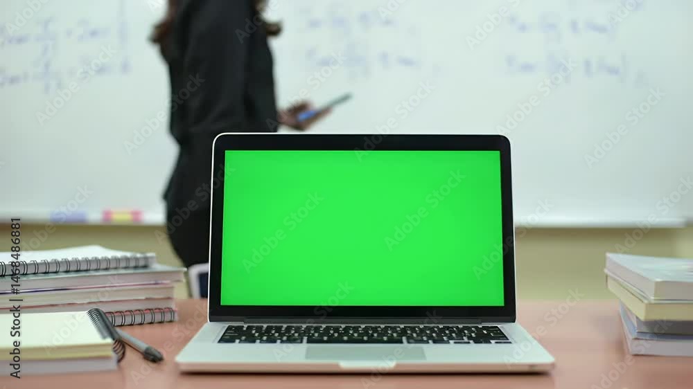 Laptop with Green Screen on Study Desk Laptop with Green Screen on Study Desk