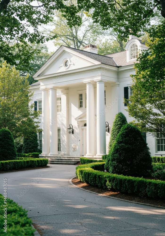 Naklejka premium Grand White Neoclassical Mansion Entrance with Greek Columns and Manicured Driveway