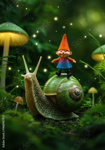 Enchanted Forest Gnome on Snail: Fantasy Illustration, Magical Garden Gnome Riding Snail Shell