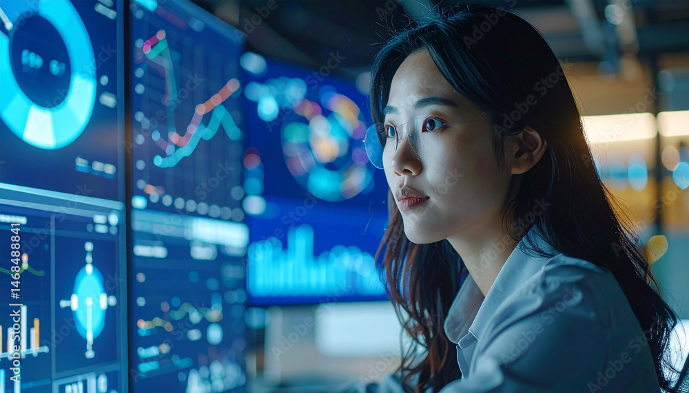 Data Analyst Focused on Growth: In a dimly lit room, a woman in a white blouse, her face a study in concentration, sits before a multi-screen setup. Data Analyst Focused on Growth: In a dimly lit room, a woman in a white blouse, her face a study in concentration, sits before a multi-screen setup.