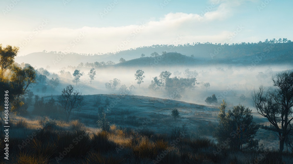 Fototapeta premium Serene Misty Morning Landscape with Rolling Hills and Trees