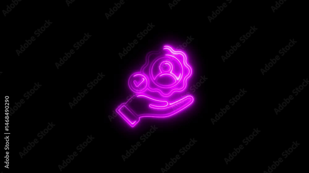 Neon hand holding approved user profile icon on black background Neon hand holding approved user profile icon on black background