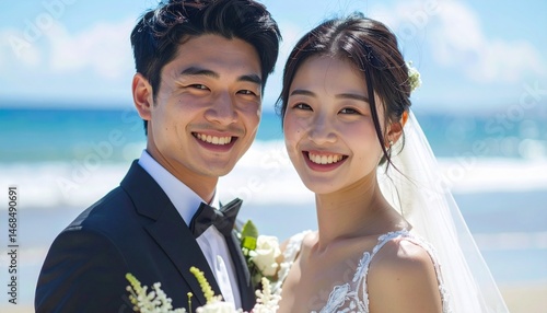 海の前で結婚の記念撮影をするアジア人の新郎新婦カップル。リゾートウエディング。AIで生成	