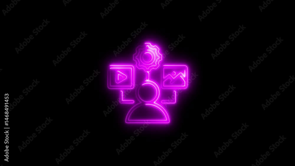 Illuminated neon icon representing user interface settings and media content on a black background Illuminated neon icon representing user interface settings and media content on a black background