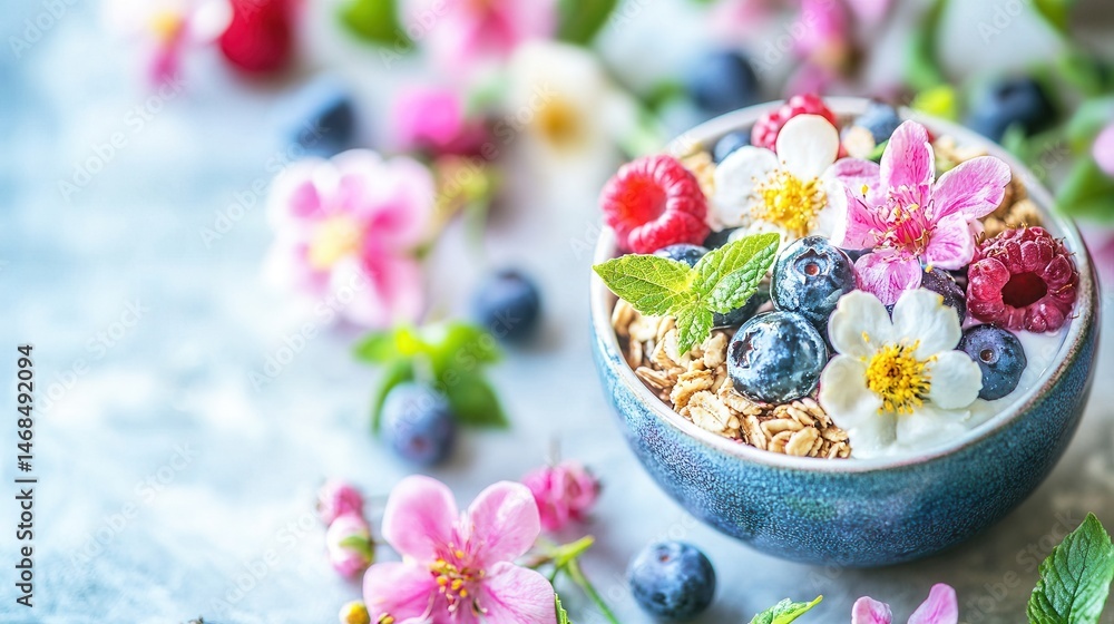 Delicious Berry Yogurt Parfait with Granola and Flowers Delicious Berry Yogurt Parfait with Granola and Flowers