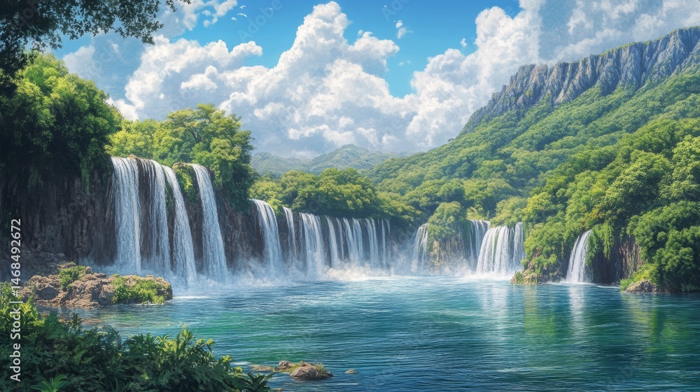 Fototapeta premium Lush Green Waterfall Landscape With Blue River