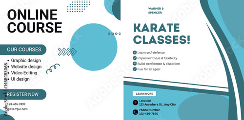 Online design courses and karate classes promo banner with abstract shapes