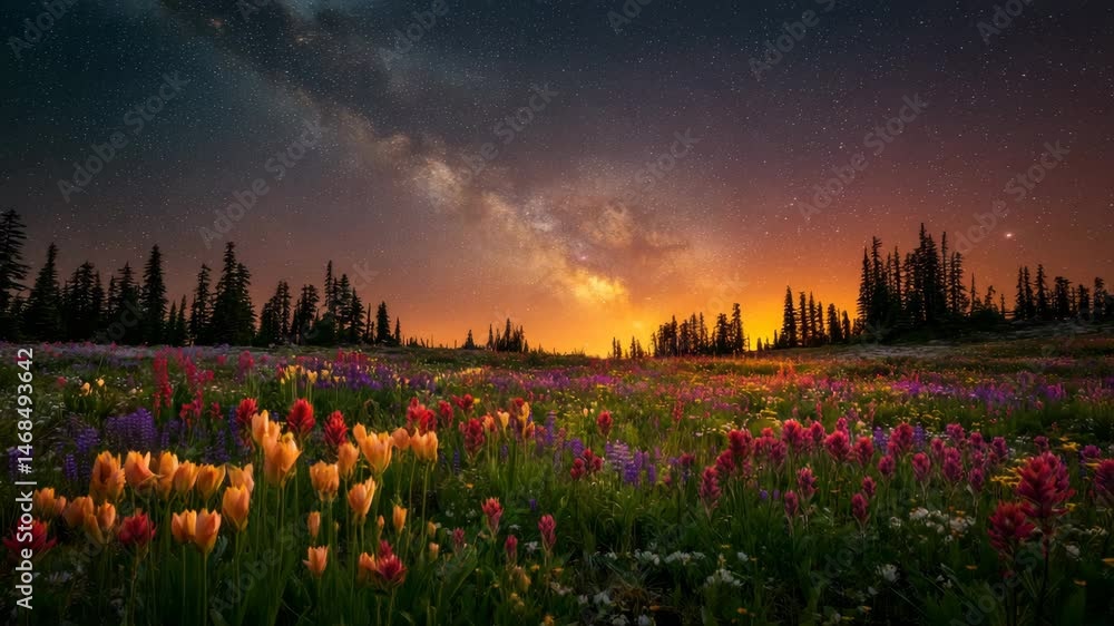 Vibrant wildflowers in a field at sunset, with the Milky Way visible in ...