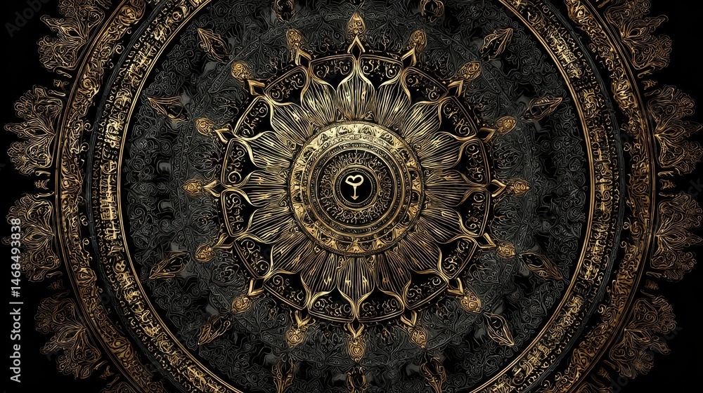 Fototapeta premium Ornate, golden circular design with intricate details.