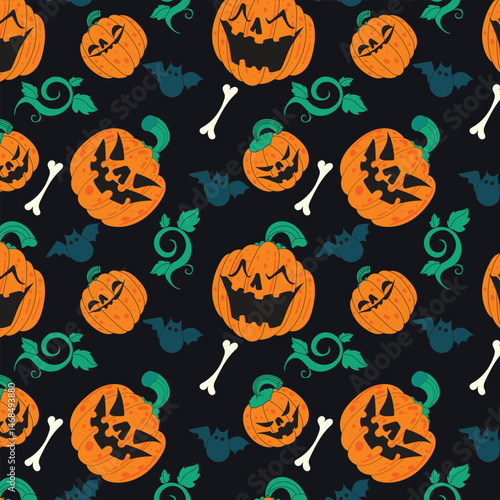 A seamless pattern of freaky hand drawn pumpkins for Halloween. Features creepy and spooky expressions, perfect for festive packaging, invitations, fabric prints, and seasonal design projects.