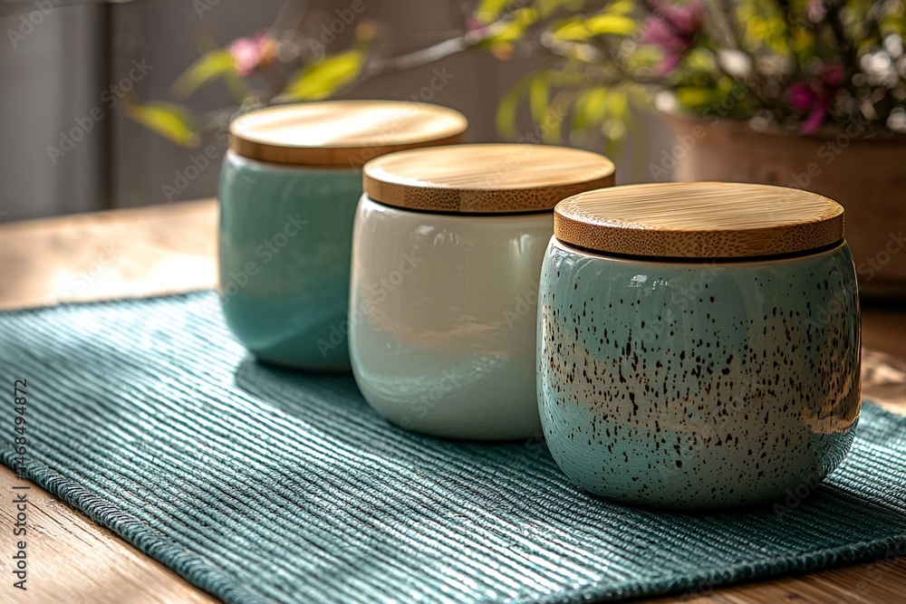 A photo of a bowl with a lid made from blue finished pottery and bamboo. Generative AI
A photo of a bowl with a lid made from blue finished pottery and bamboo. Generative AI