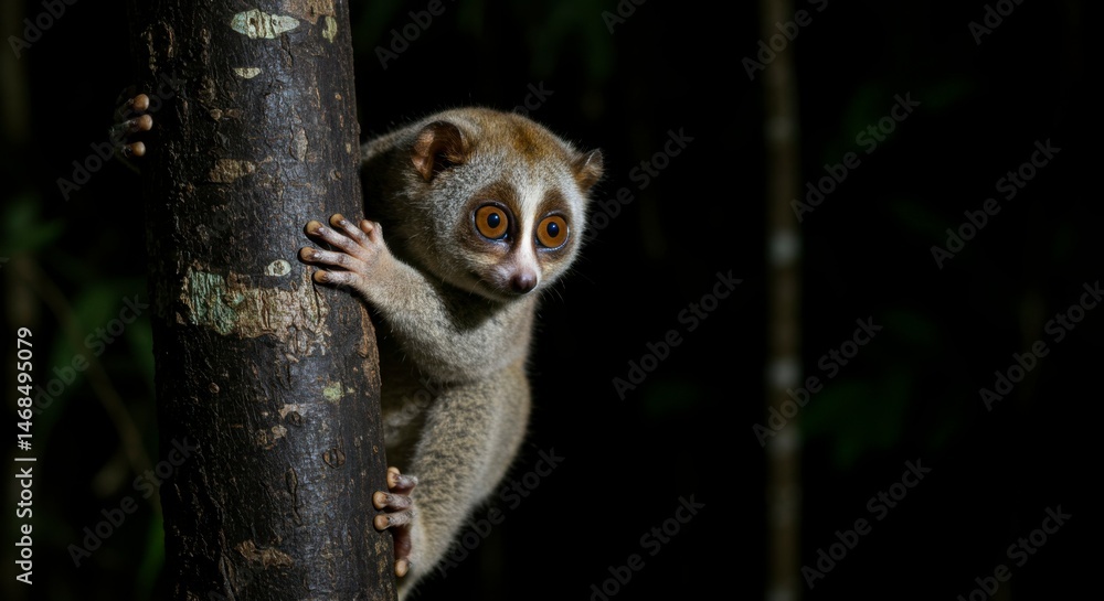 Naklejka premium Small primate clings to dark tree trunk