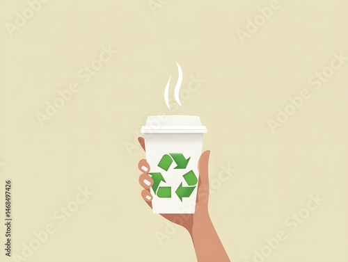 Hand holding recyclable coffee cup with green recycling symbol flat minimal eco-friendly illustration