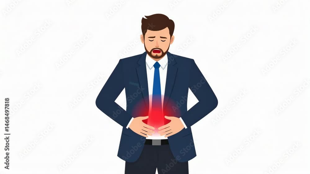 Man in suit experiencing stomach pain and discomfort with red glow Man in suit experiencing stomach pain and discomfort with red glow