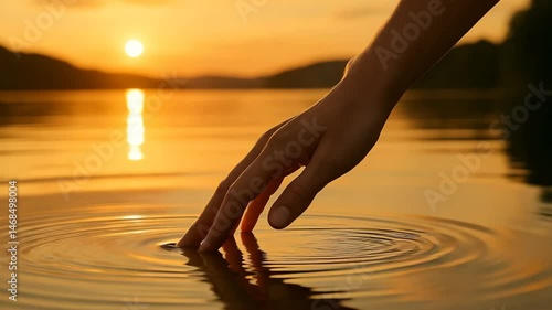 Hand Touching Water Surface at Sunset with Golden Reflections