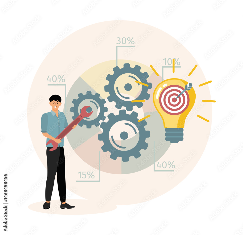 Project initiation concept. Businessman turn cogwheels to light up light bulb idea. Project initiation concept. Businessman turn cogwheels to light up light bulb idea.
