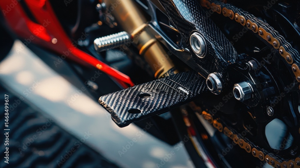 Obraz premium A detailed close-up shot showcasing the intricacies of a MotoGP bike footpeg. The image captures the carbon texture and mechanical elements, emphasizing performance.