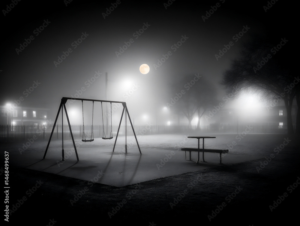 Fototapeta premium empty swing in deserted playground silhouette