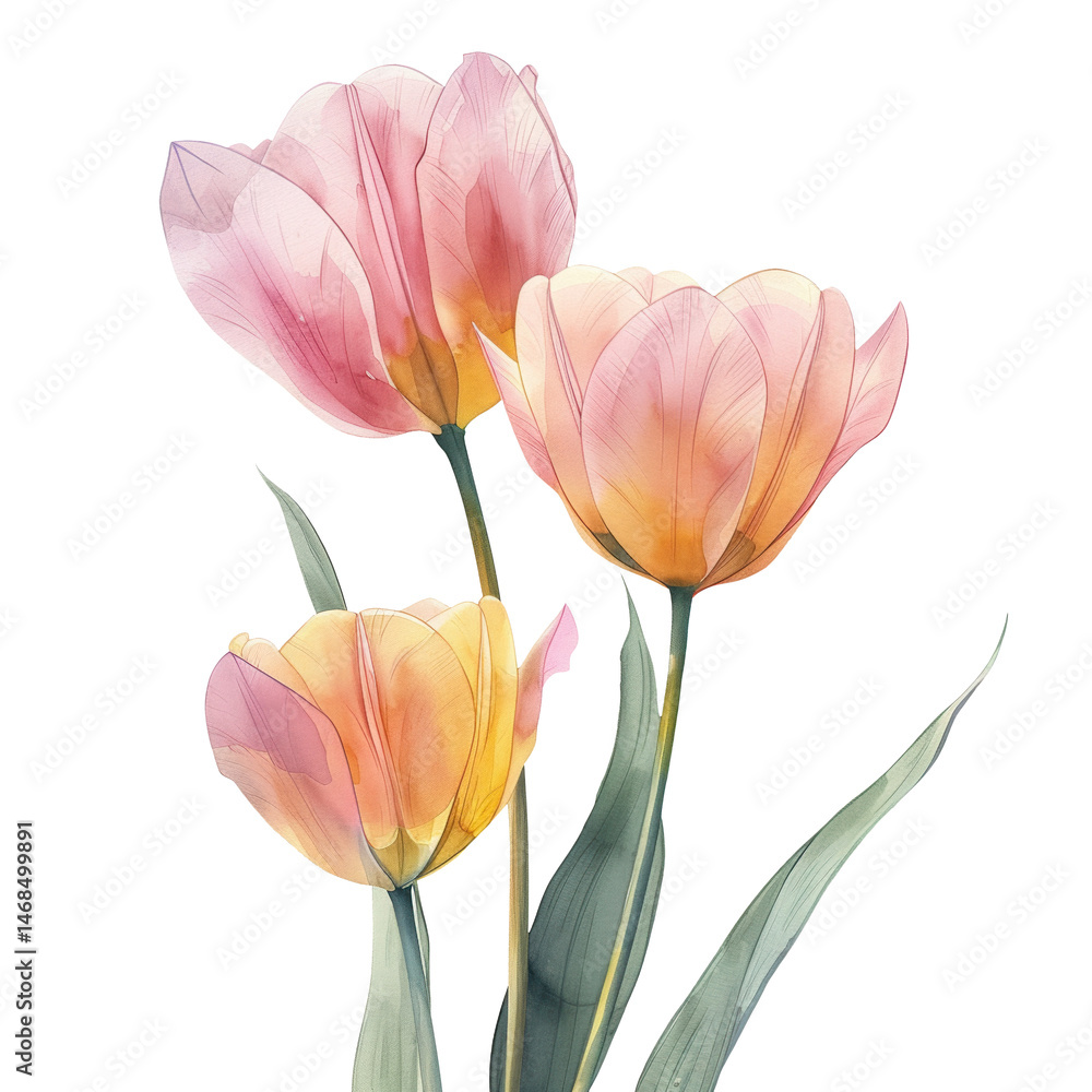 Fototapeta premium Soft pink and yellow tulip flowers watercolor with delicate green leaves, showcasing natural beauty and gentle elegance in minimalistic style