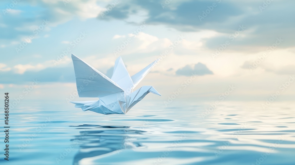 Obraz premium Serenity origami crane gliding over calm waters reflecting sky and clouds
