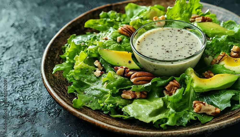 Fresh Green Salad with Avocado Pecans and Creamy Dressing Fresh Green Salad with Avocado Pecans and Creamy Dressing