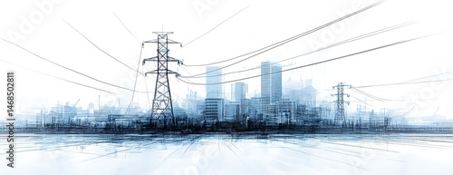 Cityscape power lines energy grid